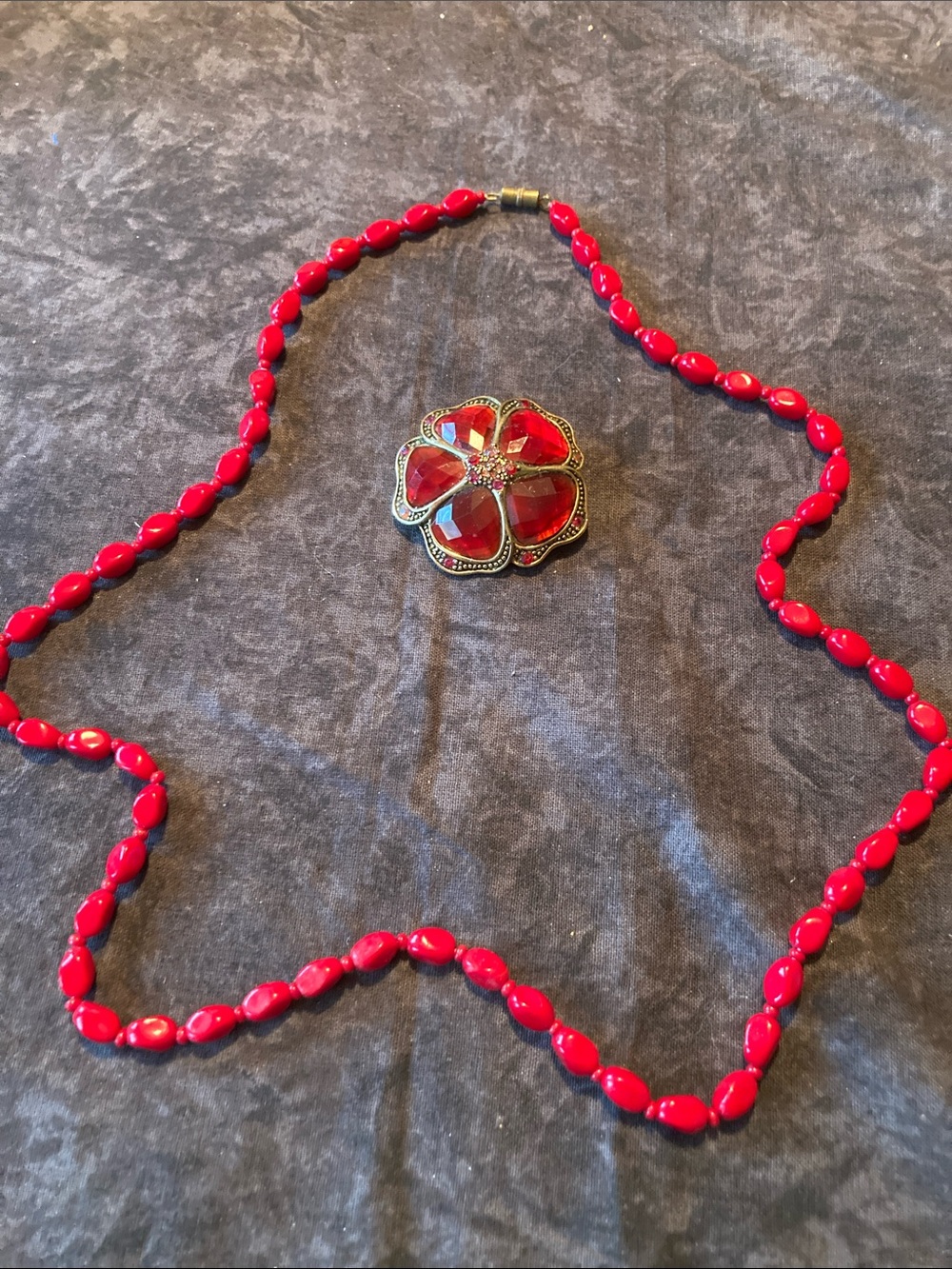 Red Beaded Necklace with Gorgeous Red Flower Brooch -m